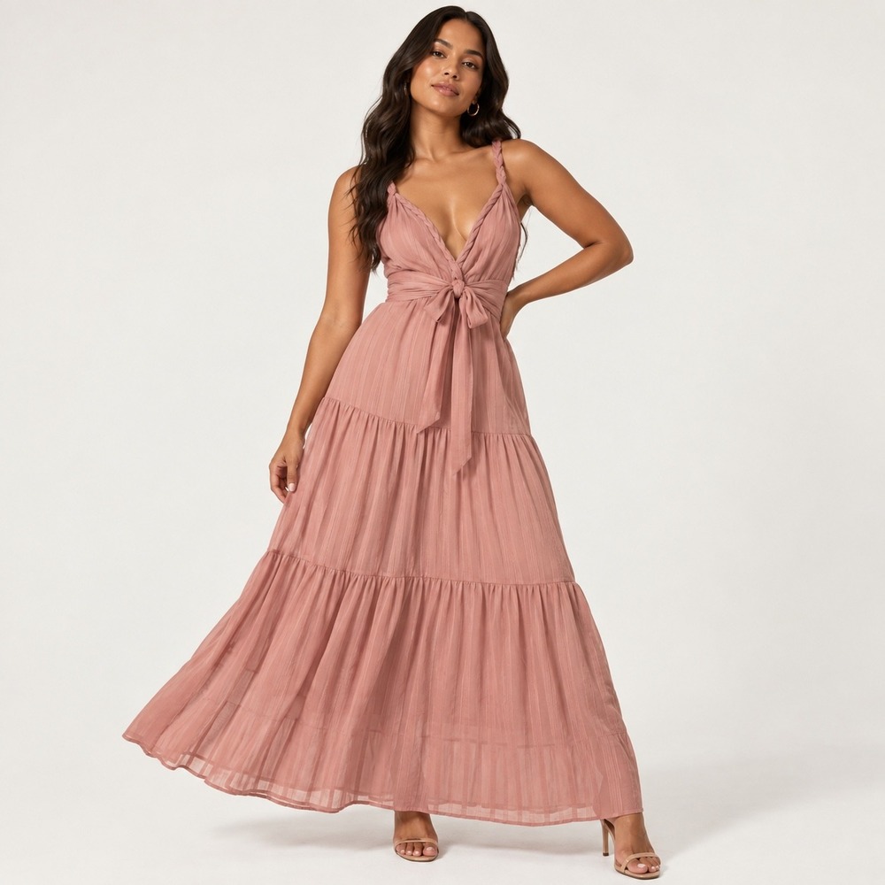 ASTR The Label Womens Eartha Maxi Dress Dusty Rose Tiered Boho Wedding Guest L